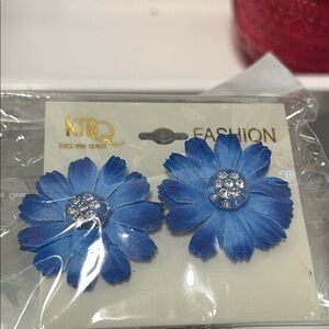 Blue Floral Earrings with Rhinestones
